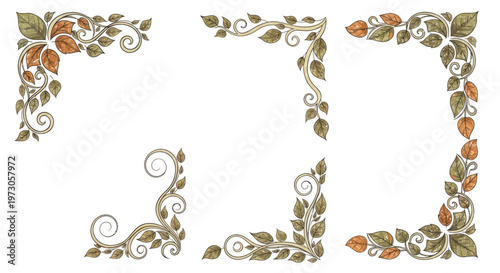 Decorative corner elements with autumnal leaves and swirling vines