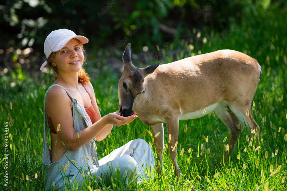 Naklejka premium Girl sitting in grass feeding deer. Child connecting with animal in natural environment. Peaceful scene with wildlife interaction. Summer outdoor lifestyle with harmony concept.