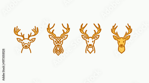 Four stylized deer heads in different designs, depicted with brown and gold outlines on a white background