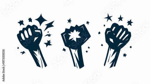 Three stylized depictions of fists in dynamic poses, with starbursts and stars, on a white background