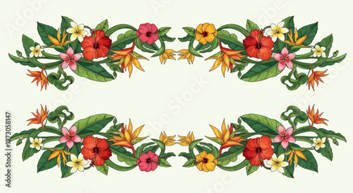 Two symmetrical floral borders with lush green leaves and vibrant tropical flowers