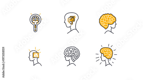 Six illustrations of the human brain with lines. Colored brain shapes with side profiles