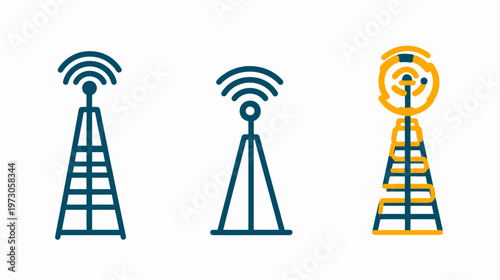 Three stylized depictions of communication towers with varying designs, and wireless signal icons
