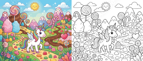 Adorable Unicorn Coloring Page for Children with Sweet Candy Land Background.