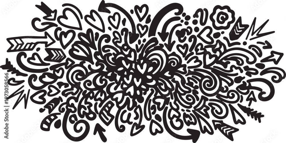 Fototapeta premium Hand drawn doodle art background, black and white heart and arrow sketch elements, chaotic ink line drawing vector for creative design projects