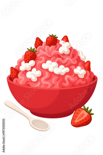 Creative Strawberry Dessert in Ramen Style with Fresh Berries and Cream in Red Bowl isolated transparent background