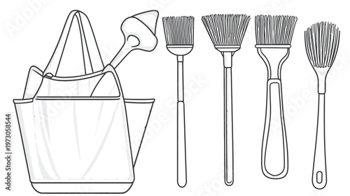 A white illustration of a bag with handles, shovel, and four different style cleaning tools