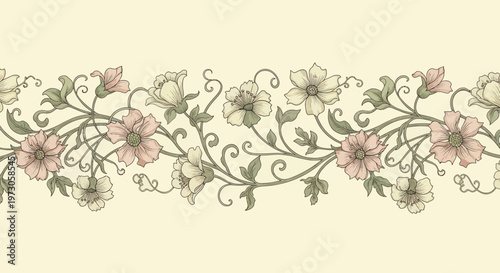 An elegant border of delicate pink and cream flowers, green leaves, and swirling vines
