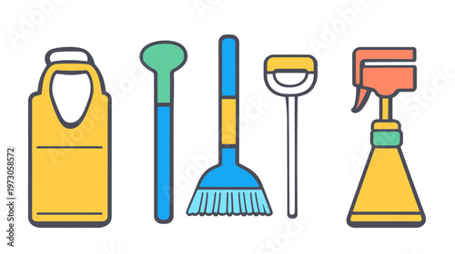 Colorful vector illustration of cleaning supplies a bottle, two brushes, dustpan, and spray bottle