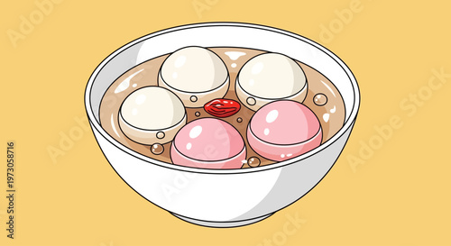 Illustration of a bowl of sweet pink and white tangyuan rice balls in soup