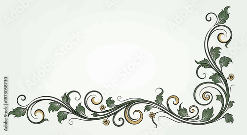 Ornate green and gold floral scrollwork curves across a pale background