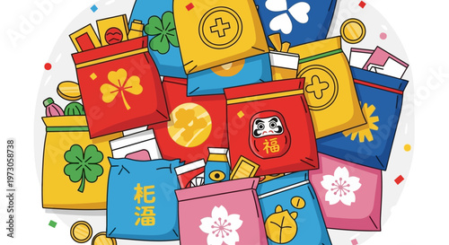 Colorful Asian lucky charm collection with festive fortune bags and prosperity symbols.