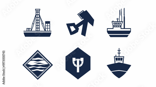 Six blue stylized illustrations of sea-related elements and vessels on a white background