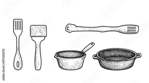 Hand-drawn illustrations depicting cooking utensils, including a fork, brush, two pans, and a wooden spoon