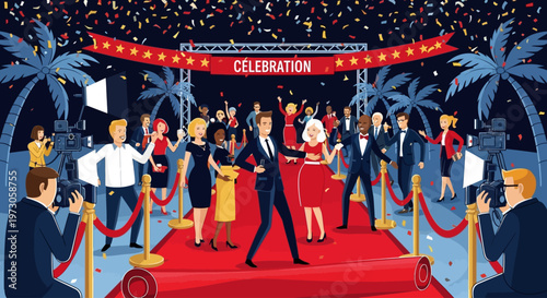 Glamorous red carpet event with stars and photographers.