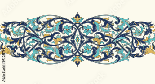 Ornate border with intricate flowing patterns in blue, teal, and gold hues