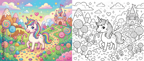 Adorable Unicorn in a Magical Candy Land with a Castle.