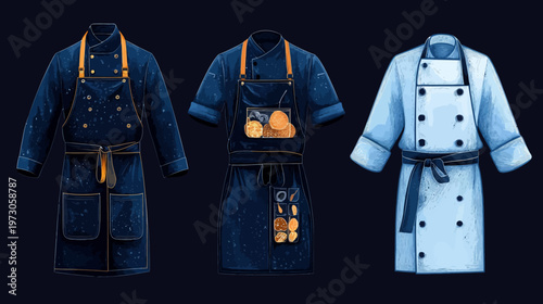 Three illustrated chef coats and aprons, each in a unique style, arranged on a dark blue background