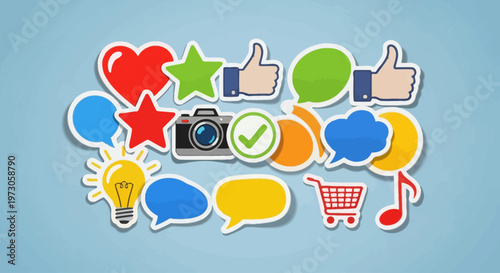 Colorful social media and digital marketing icons set on blue background
