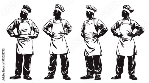 Silhouette of four chefs in identical poses, with hats, aprons, and hands on hips. A black and white design