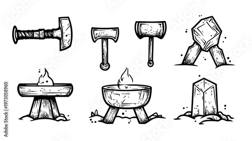 A collection of six distinct black and white illustrations featuring tools, flames and structures