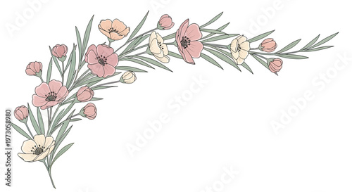 Delicate floral arrangement with pink, peach, and cream blossoms