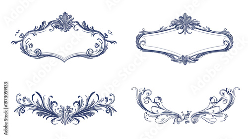 Four ornamental dark blue frames with blank spaces, featuring swirls, leaves, and elegant artistic designs