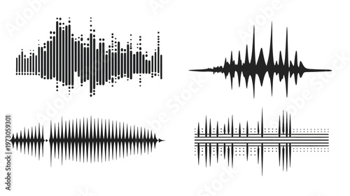Four black and white illustrations representing different sound wave patterns