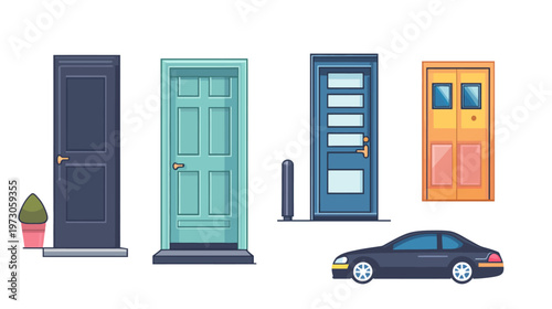 Colorful vector illustration featuring diverse doors, potted plant, car, and bollard, against a white backdrop