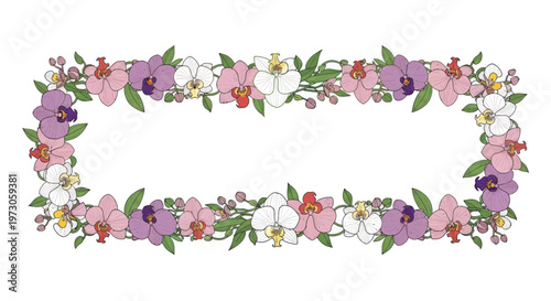 Rectangular frame composed of orchid flowers, leaves, and buds in pink, purple, and white