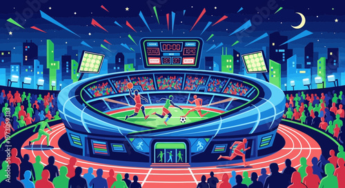 Vibrant Pixel Art Soccer Stadium at Night with Players and Fans