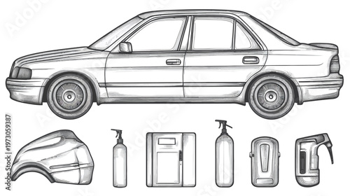Black and white illustration of a sedan with various automotive and cleaning related accessories