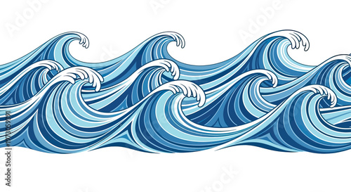 A stylized, repeating pattern of crashing blue ocean waves against a white background