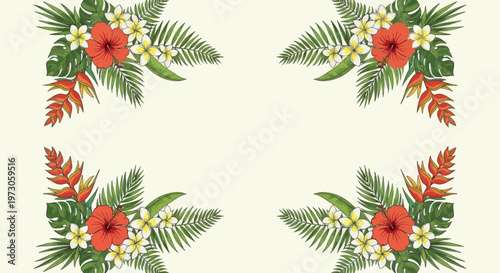 Four corners of tropical floral arrangements with red hibiscus, white plumeria, and green leaves