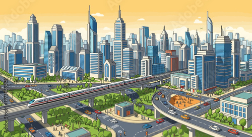 Pixel Art Cityscape with Futuristic Buildings, Monorail, and Busy Roads