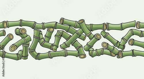 A horizontal arrangement of stylized, segmented bamboo stalks on a pale green background