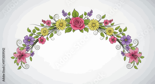 Delicate floral arch adornment with various colorful blooms and swirling vine accents