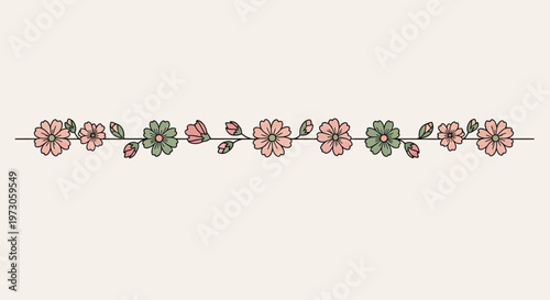 Delicate, hand-drawn line of pink and green floral elements on a cream background
