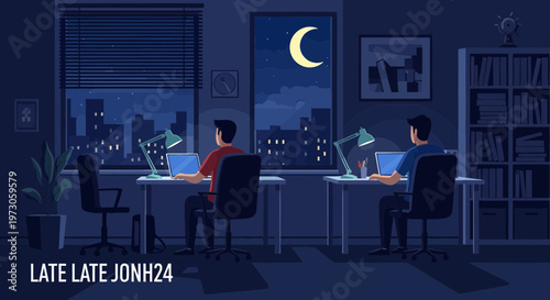 Two people working late at night at desks with laptops, city skyline visible through window