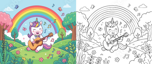 Adorable Unicorn Playing Guitar with Musical Notes and Rainbow.