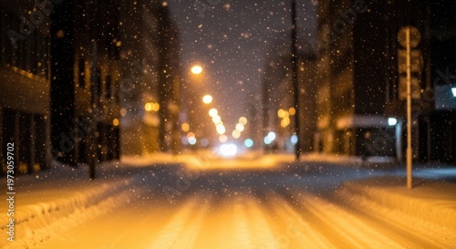 Snowy Night Street Streetlamp Glow and Falling Snow in Quiet Urban Avenue