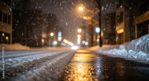 Snowy Night Street Wet Asphalt Glowing Streetlights