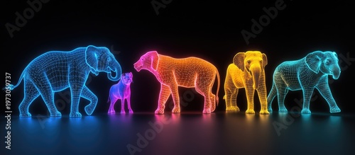 Neon Wireframe Elephants: Vibrant Digital Art on Black Background