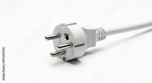 White Electrical Plug with Cable on White Background