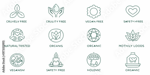 Collection of green icons representing cruelty free vegan and organic labels