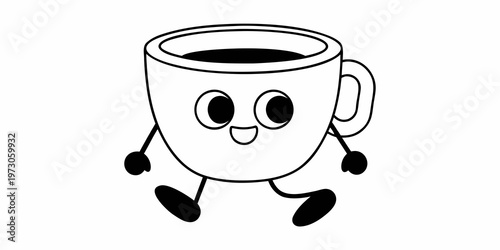 A cheerful cartoon coffee cup character is shown walking forward