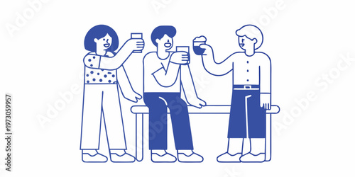 Four friends enjoying drinks and conversation in a simple linear illustration