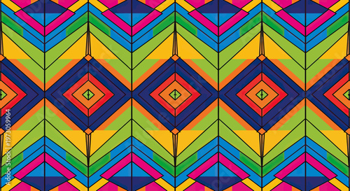Geometric pattern featuring nested diamonds and chevrons in vibrant colors