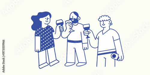 Three friends cheerfully toasting with wine glasses in a simple illustration