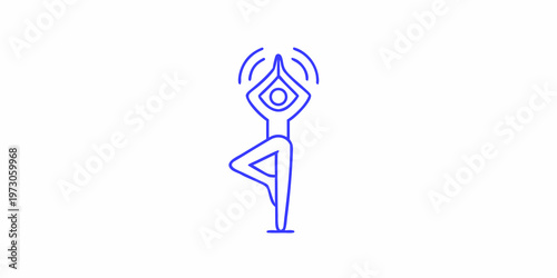 Minimalist blue line drawing of a person in a yoga tree pose